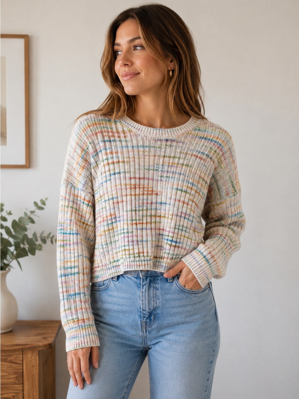 Lucky Brand Multicolor Striped Knit Sweater Size Med Slightly Cropped - preppy